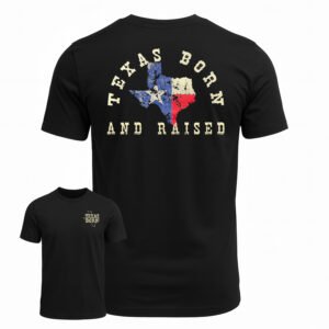 Vintage-style black tee featuring a weathered Texas flag in the shape of Texas with ‘Texas Born and Raised’ lettering and small ‘Texas Born’ chest print.