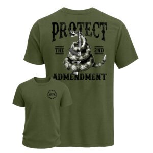 Protect the 2nd Amendment t-shirt in military green featuring Gadsden rattlesnake coiled around rifle on back and 1776 stars circle on chest - veteran owned screen printing