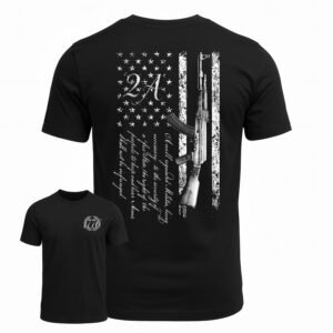 Second Amendment shirt in black featuring distressed American flag with rifle and 2A text on back, 1776 laurel wreath on chest - veteran owned
