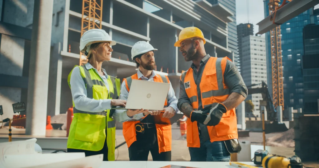 construction workers looking at plans in front of a building being constructed